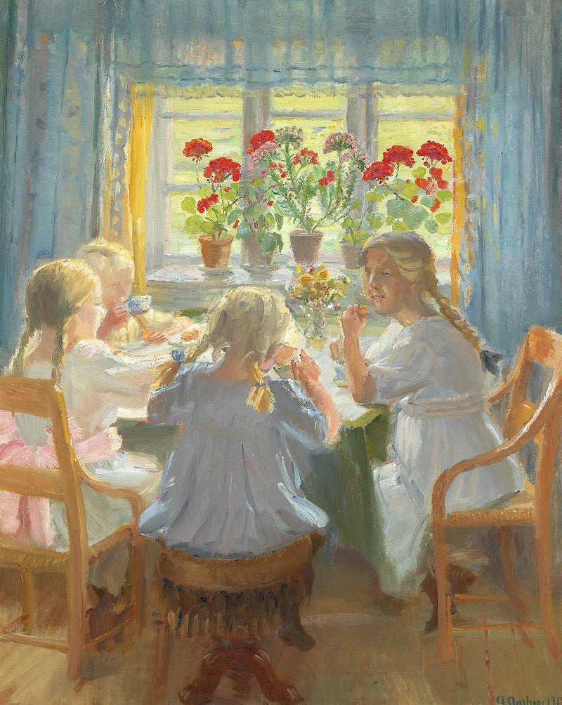 Småpiger drikker te i Nordstuen hos Anchers på Markvej, Skagen. - Anna Ancher