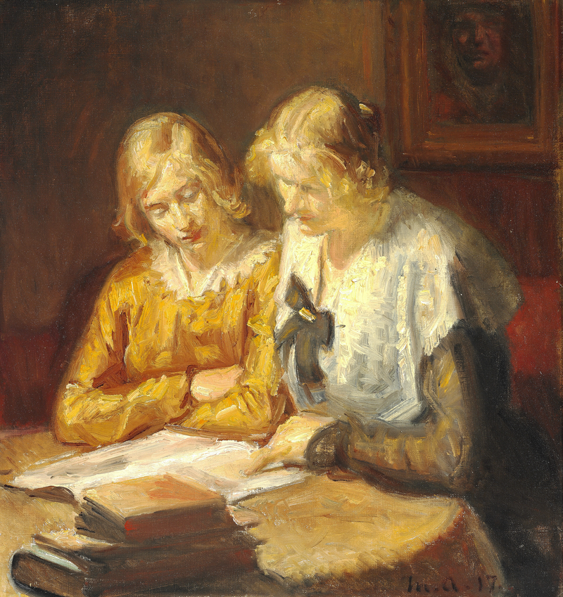 To unge kvinder sidder ved et bord og læser en bog - Michael Peter Ancher