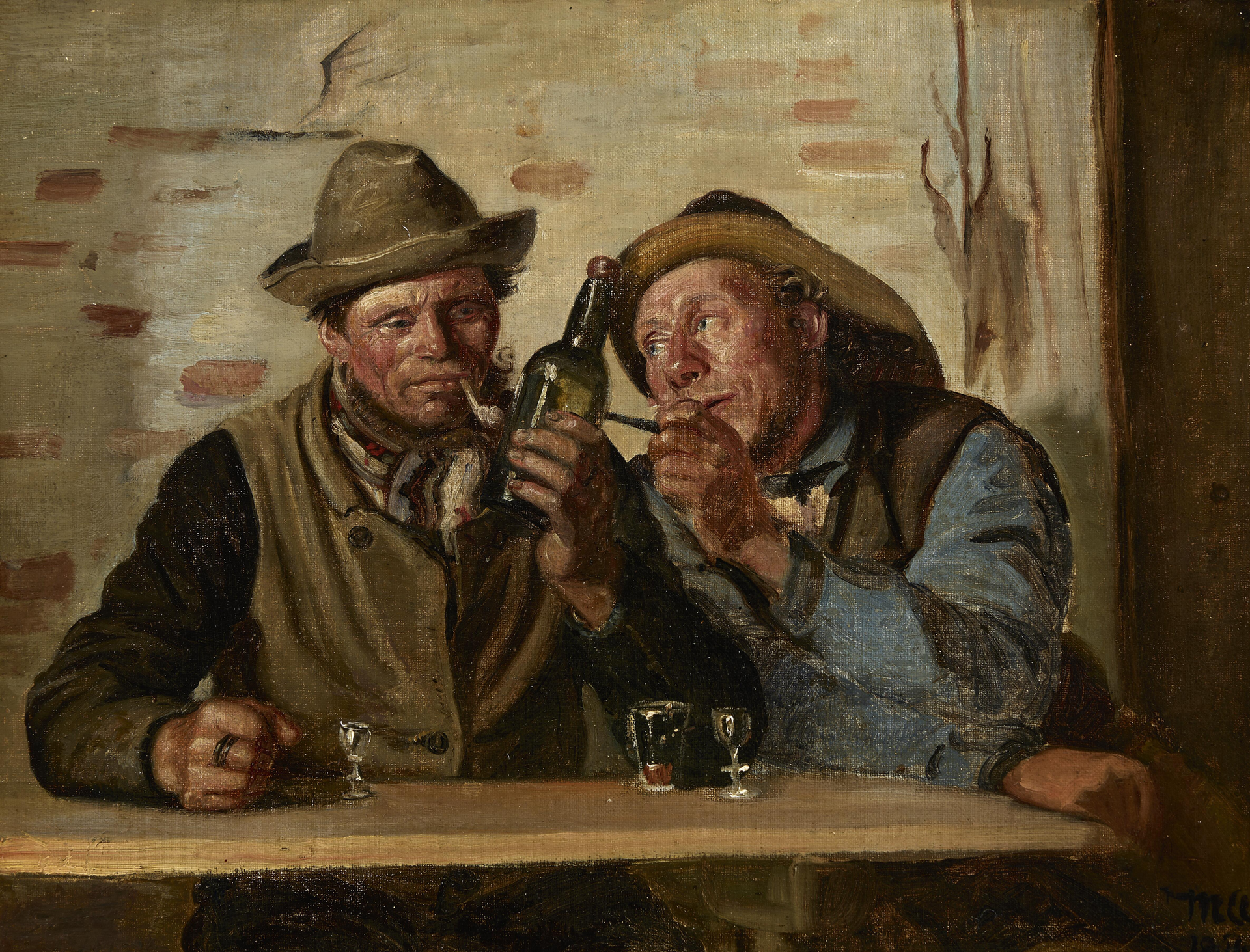 Deux pêcheurs de Skagen savourent une cigarette et un verre à l'auberge. - Michael Peter Ancher image 1 copie peinte à la main à l’huile