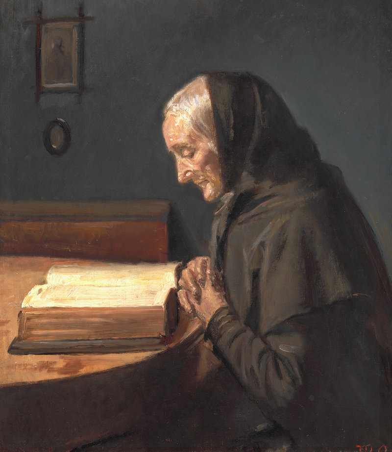Interiør med Ane Bründum, kunstnerens svigermor, i profil, mens hun læser i Bibelen. - Michael Peter Ancher