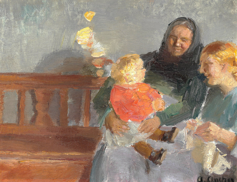Solbeskinnet interiør, med tre generationer. - Anna Ancher