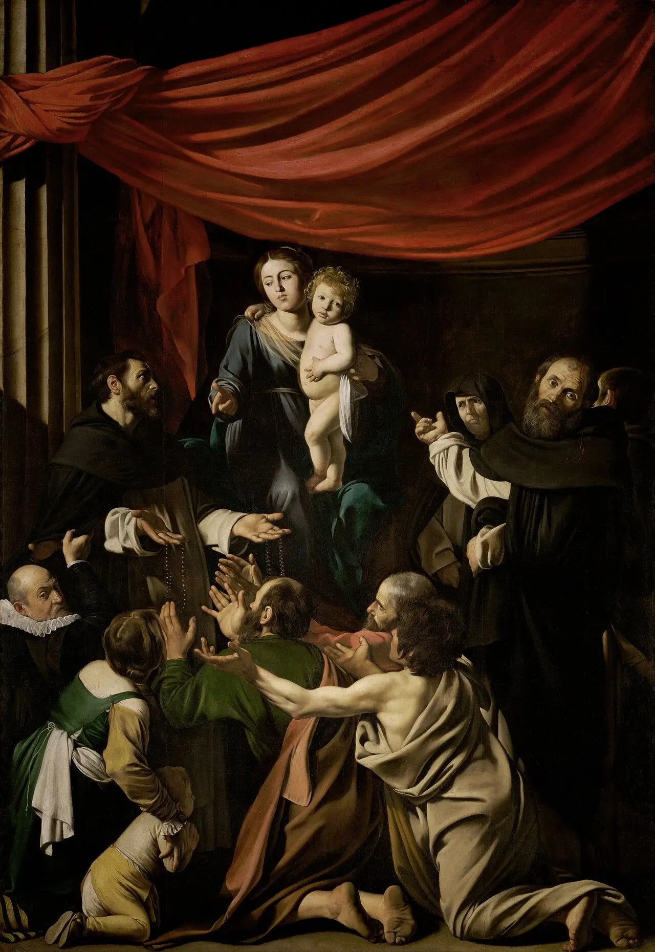 Reproduction du tableau « La Madone du Rosaire - Le Caravage » par Alpha Reproduction en peinture à l’huile