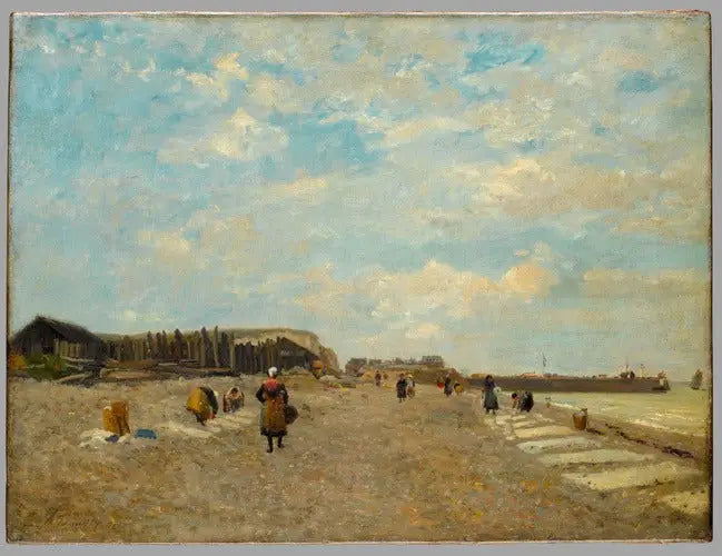 Normandere hænger tøj op på en strand - Eugène Boudin