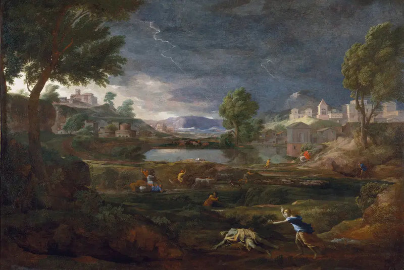 Stormfuldt landskab med Pyrame og Thisbe - Nicolas Poussin