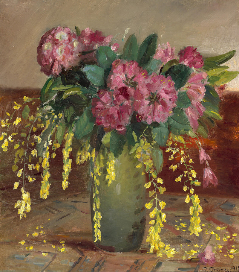 Pink rhododendron og laburnum i en grøn vase - Anna Ancher
