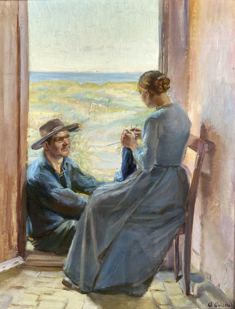 Et ungt par fra Skagen sidder i en døråbning med udsigt over stranden og havet. - Anna Ancher