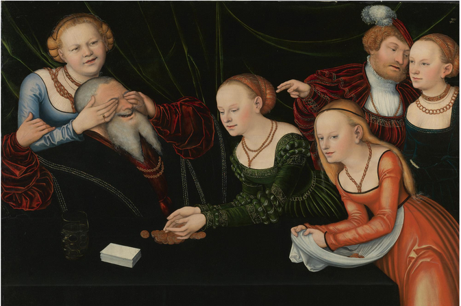 6 personer, piger der leger med en gammel mand - Lucas Cranach den Ældre