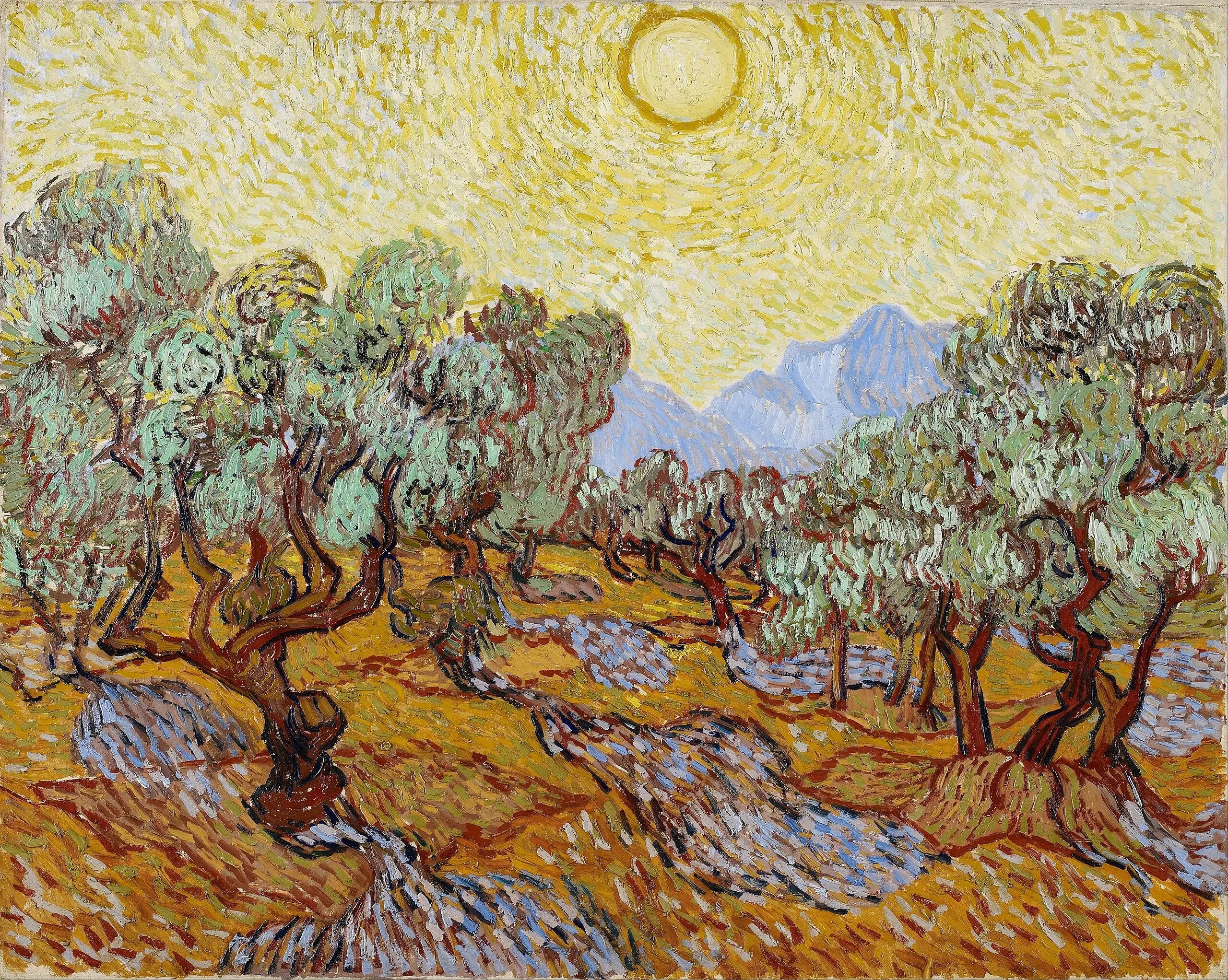 Reproduction du tableau « Oliviers avec ciel jaune et soleil - Vincent van Gogh » par Alpha Reproduction en peinture à l’huile