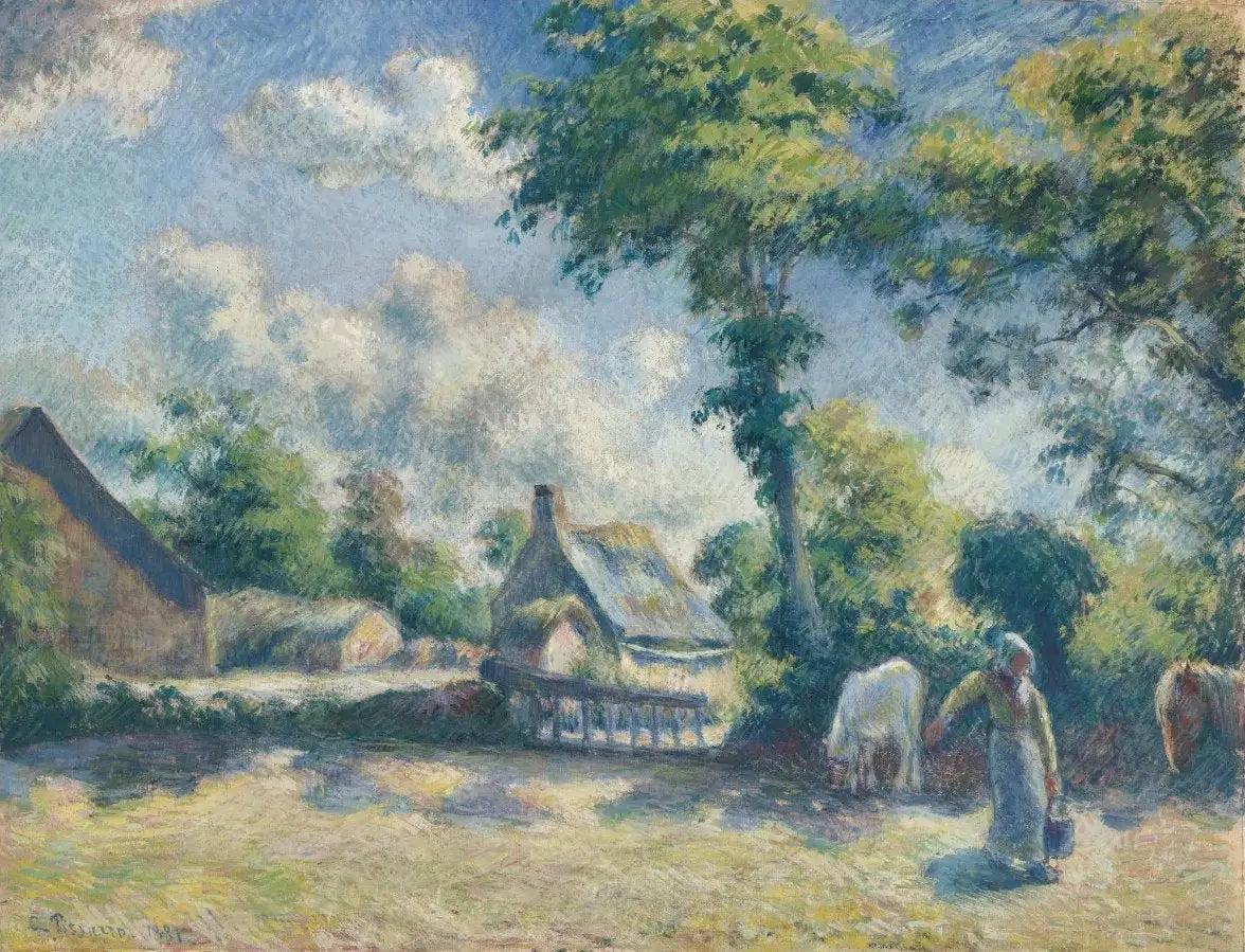 Reproduction du tableau « Paysage à Melleray, femme donnant à boire à des chevaux - Camille Pissarro » par Alpha Reproduction en peinture à l’huile