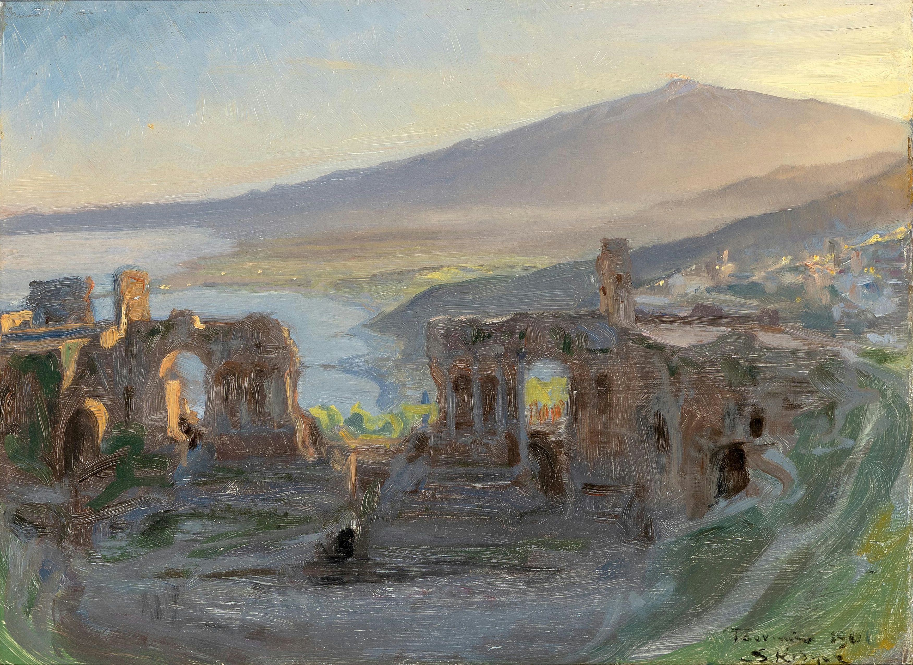 Paysage nocturne près du théâtre antique de Taormina avec vue sur l'Etna et le Golfe. - Peder Severin Krøyer
