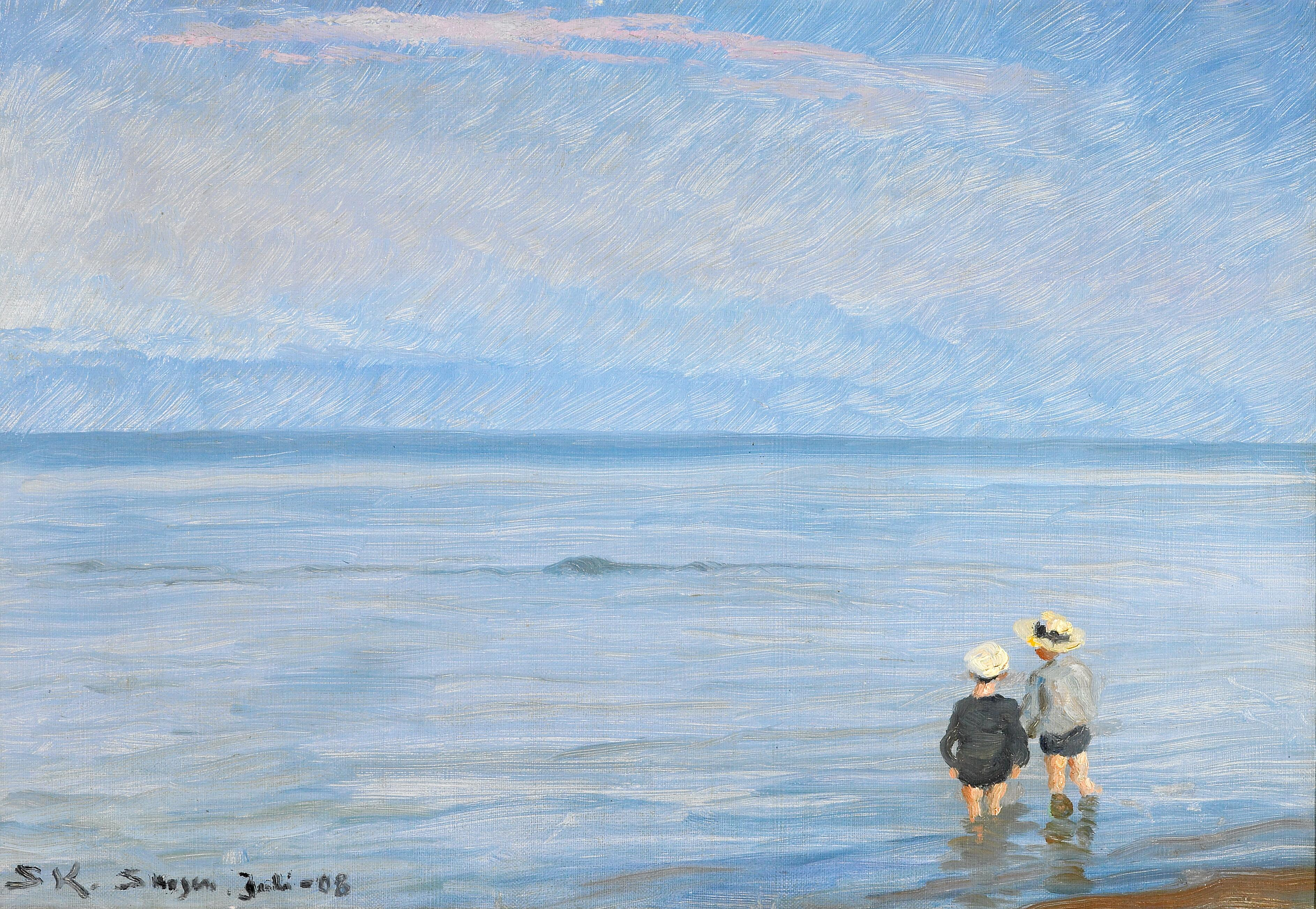 Den blå time. To børn padler på stranden i Skagen. - Peder Severin Krøyer