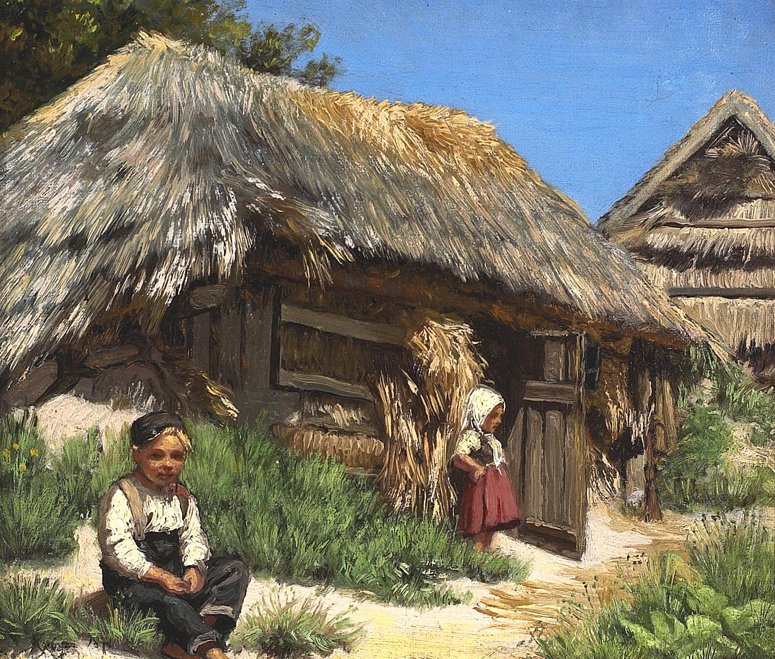 Une maison au toit de chaume. Journée d'été sous un ciel bleu et chaud. Organisée avec deux enfants. - Peder Severin Krøyer