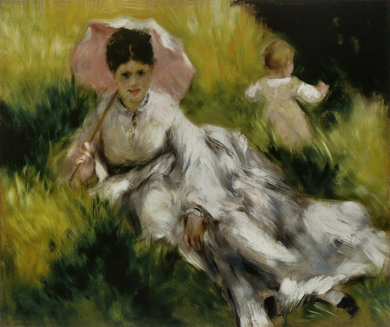 Kvinde med en parasol og et lille barn på en solrig bakke - Pierre-Auguste Renoir