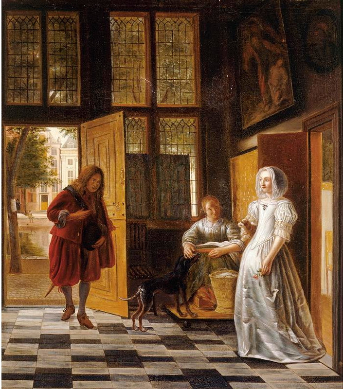 Une femme recevant un homme dans la porte - Samuel van Hoogstraten