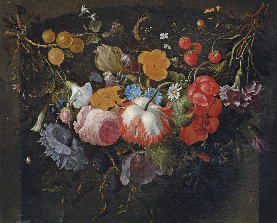 Guirlande de fleurs, fruits et roses dans une niche de Pieter Gallis