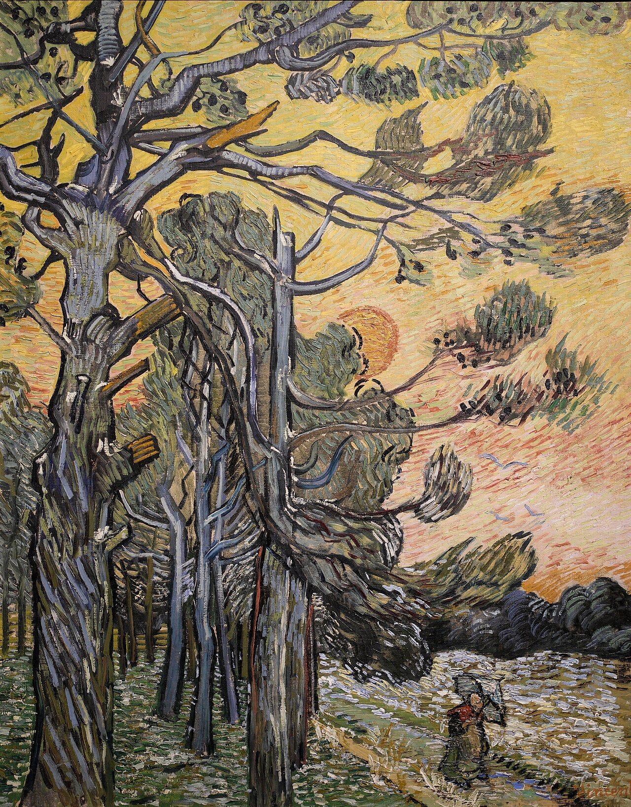 Nåle mod en rød himmel med solnedgang - Vincent van Gogh