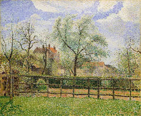 Blomstrende pæretræer i Eragny, morgen - Camille Pissarro