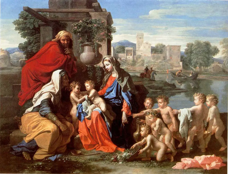 Den hellige familie med den hellige Elisabeth, den lille hellige Johannes og putti - Nicolas Poussin