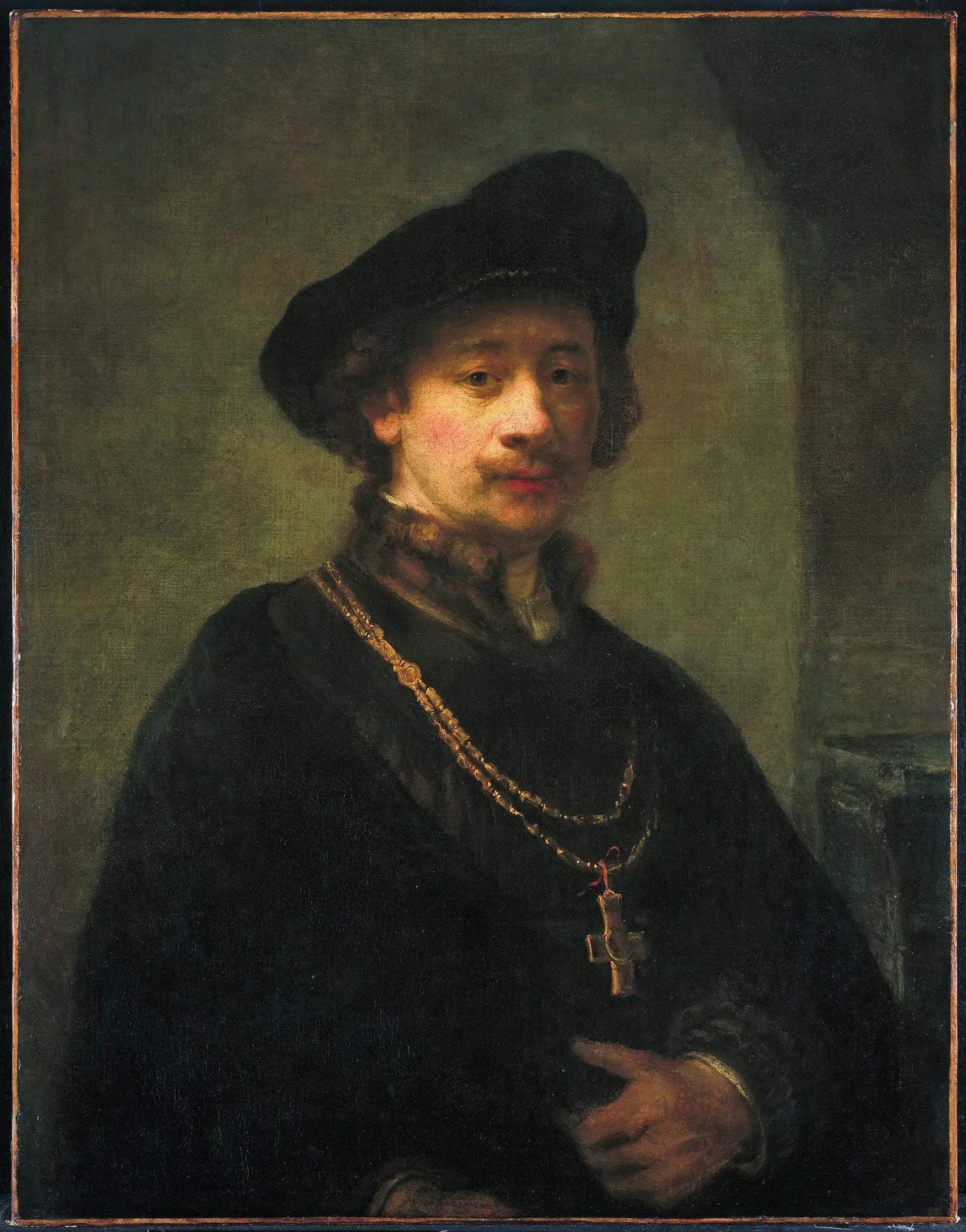 Reproduction du tableau « Autoportrait au béret, à la chaîne d'or et à la crosse - Rembrandt » par Alpha Reproduction en peinture à l’huile