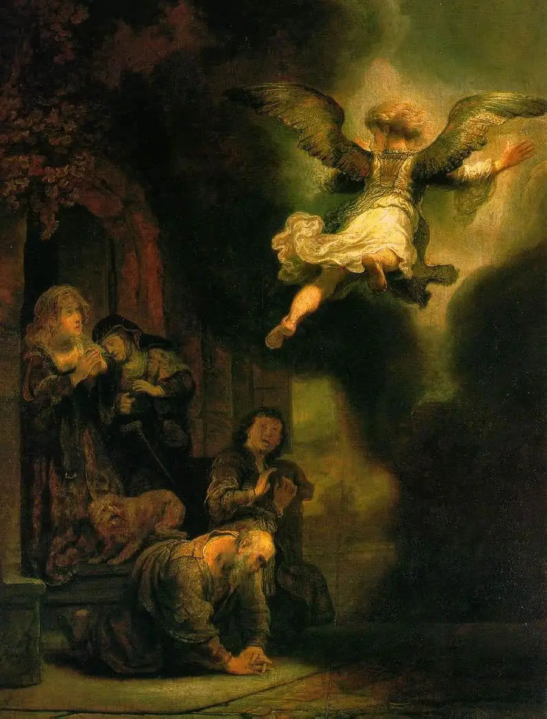 Reproduction du tableau « L'Archange Raphaël quittant la famille de Tobie - Rembrandt » par Alpha Reproduction en peinture à l’huile