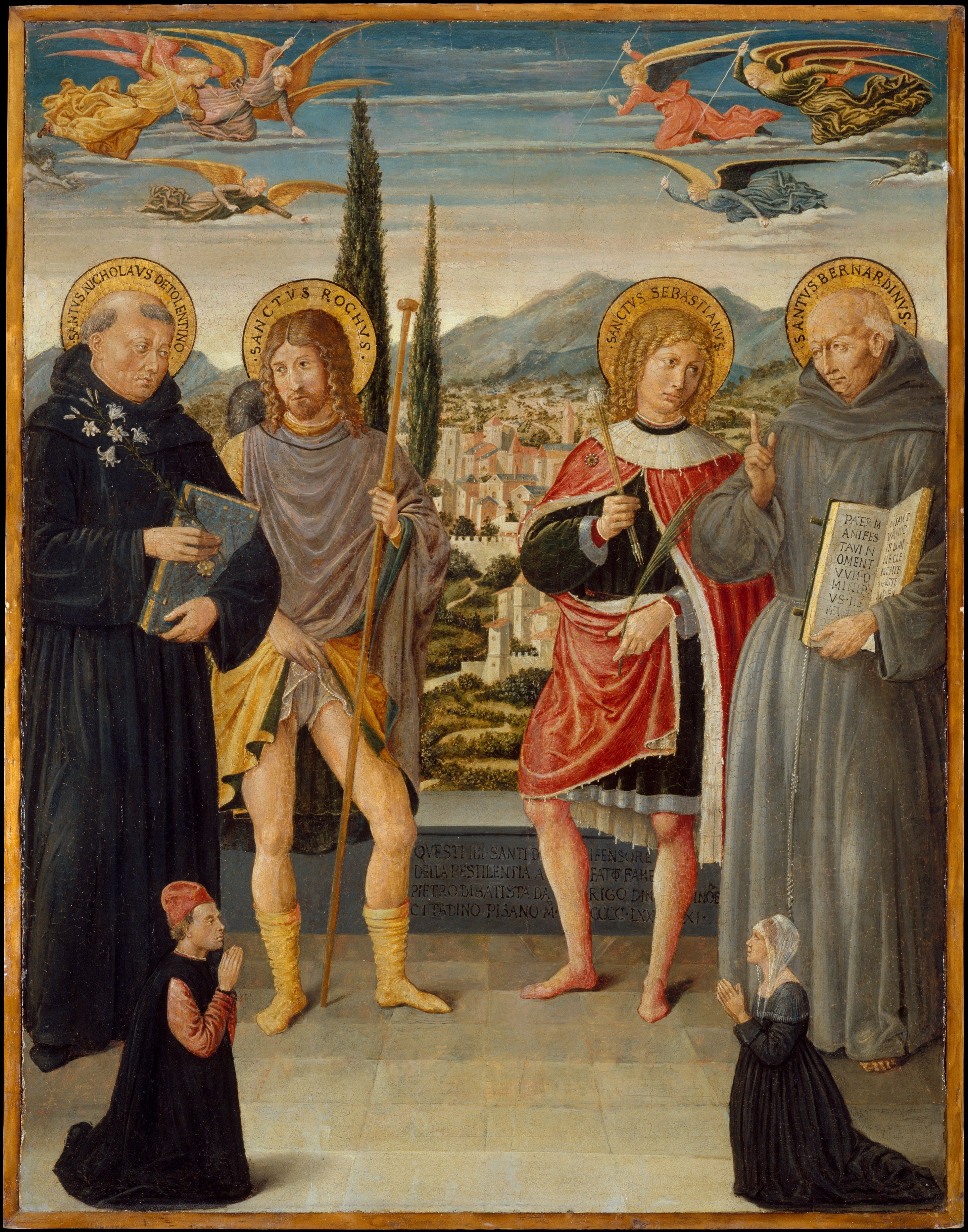 Saints Nicolas de Tolentino, Roch, Sébastien et Bernardin de Sienne, avec des donateurs agenouillés - Benozzo Gozzoli