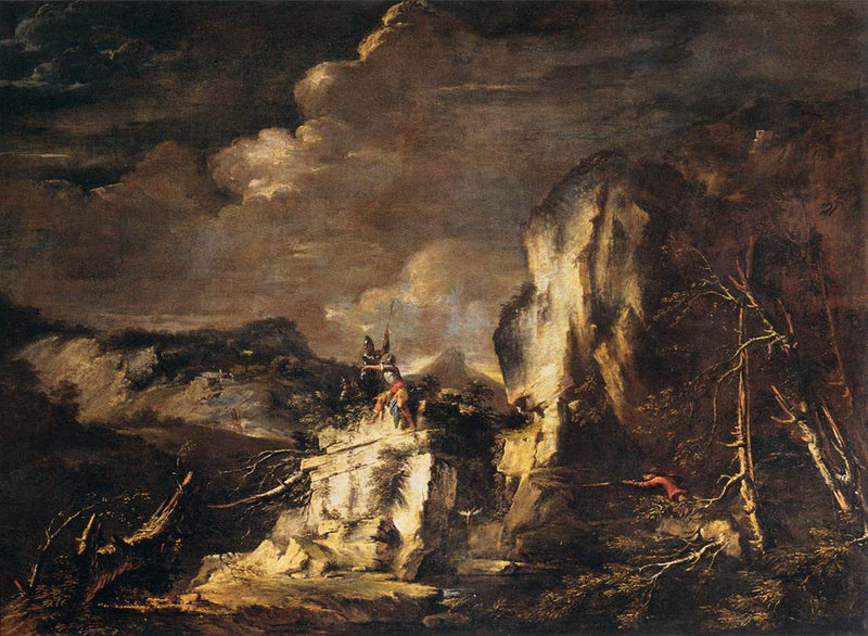 Paysage rocheux avec un chasseur - Salvator Rosa