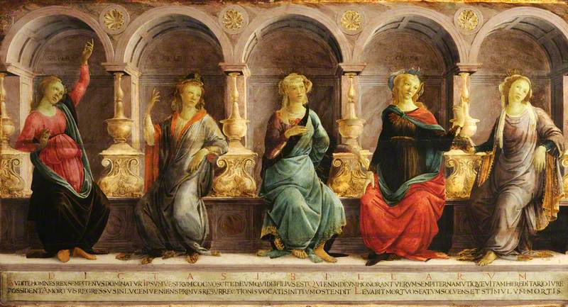 Fem sibylle siddende i nicher: den babyloniske, den libyske, den delphiske, den kimmeriske og den eritreiske - Sandro Botticelli