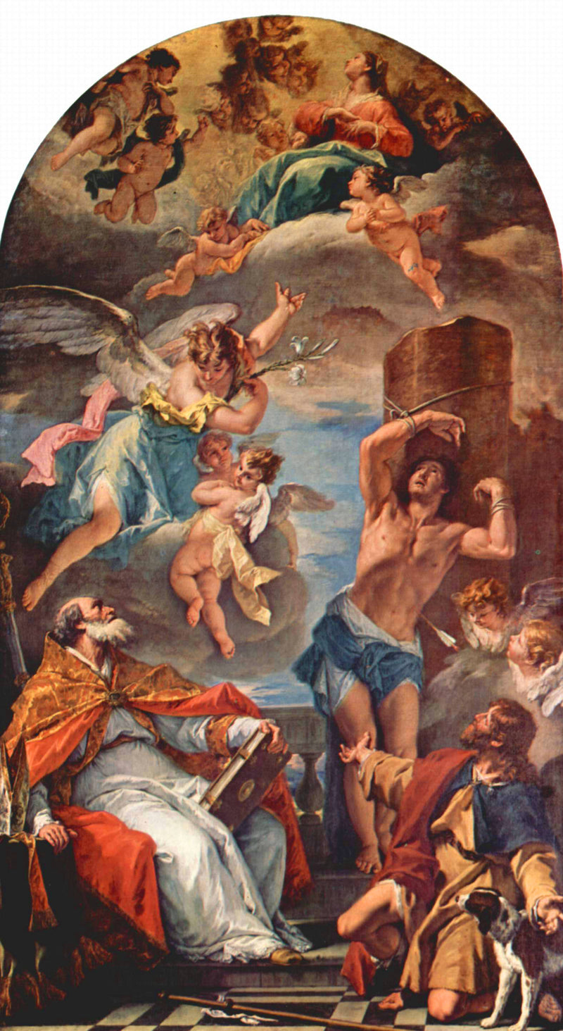 Jomfru Maria i herlighed med ærkeenglen Gabriel og hellige Eusèbe, hellige Sebastiaan og hellige Roch - Sebastiano Ricci