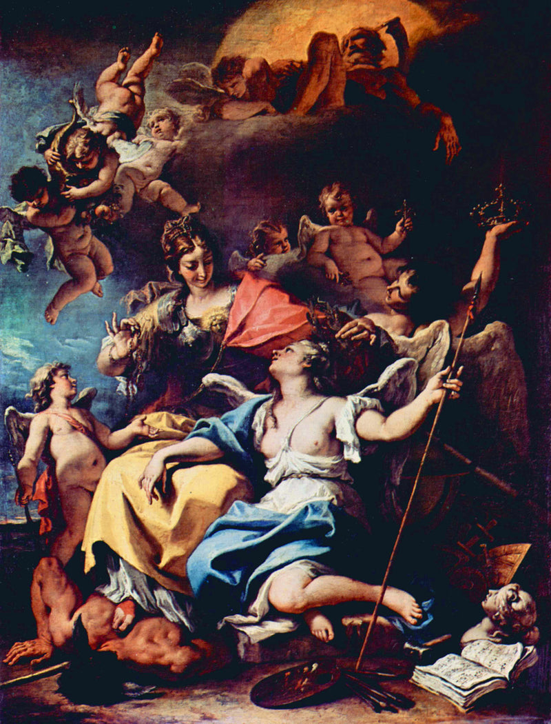 Allegori af Frankrig under figuren af Minerva, der træder udover Uvidenhed og krones Dygtighed - Sebastiano Ricci