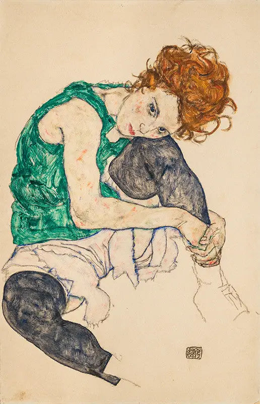 Reproduction du tableau « Femme assise à la jambe repliée - Egon Schiele » par Alpha Reproduction en peinture à l’huile