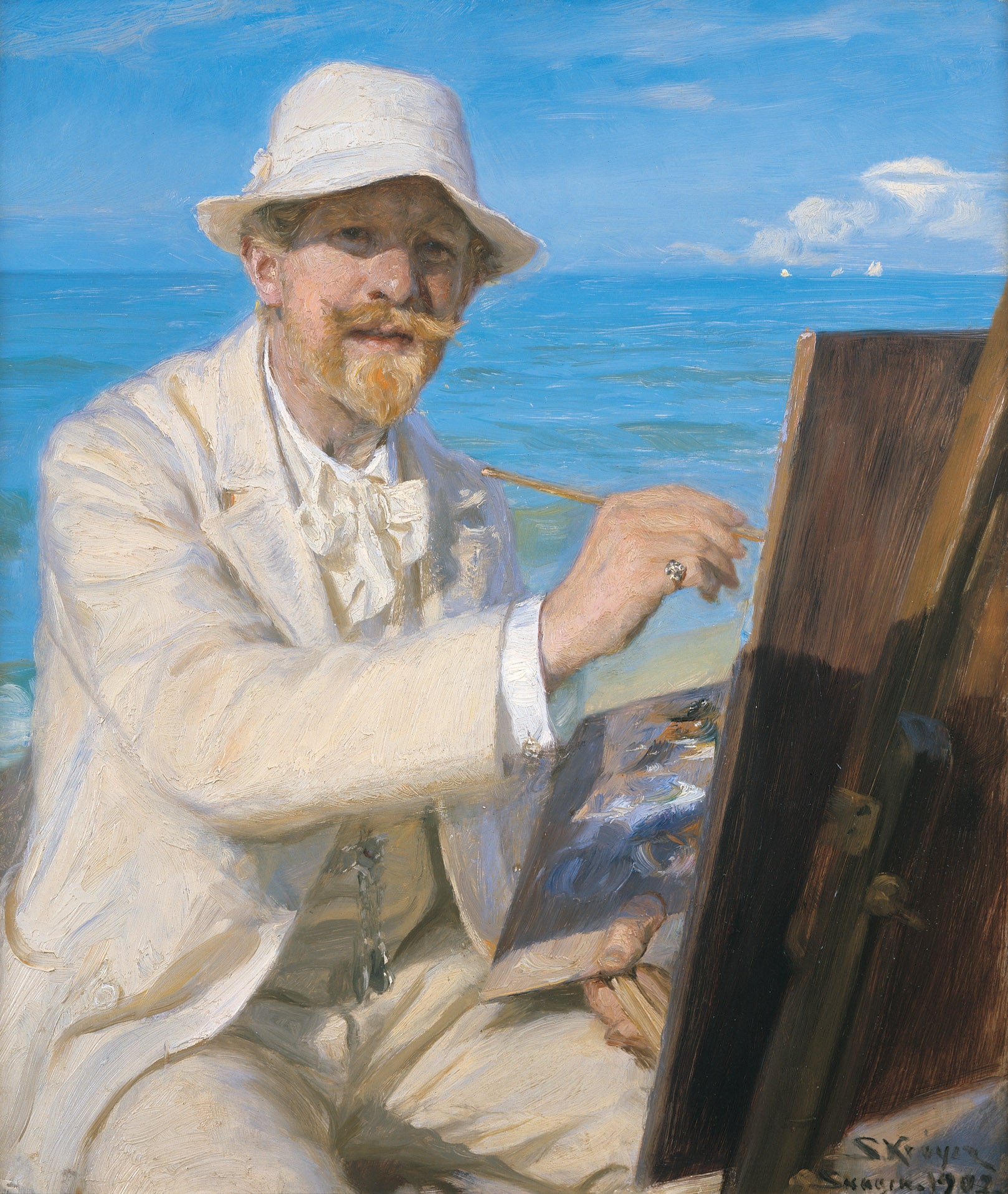 Selvportræt, siddende ved sit staffeli på stranden i Skagen - Peder Severin Krøyer