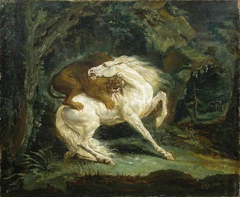 Hest angrebet af en løve - Théodore Géricault