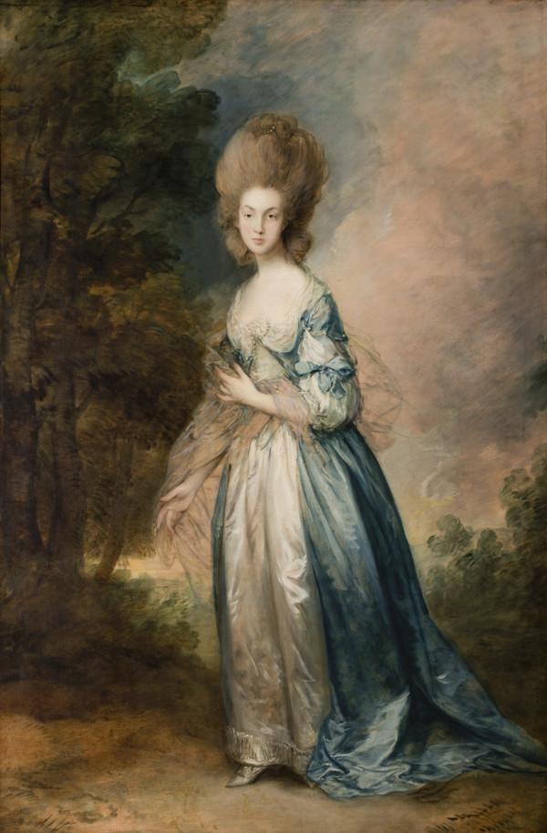 Portrait de Selina Thistlethwayte de la cour normande, en pied en robe bleue et blanche - Thomas Gainsborough