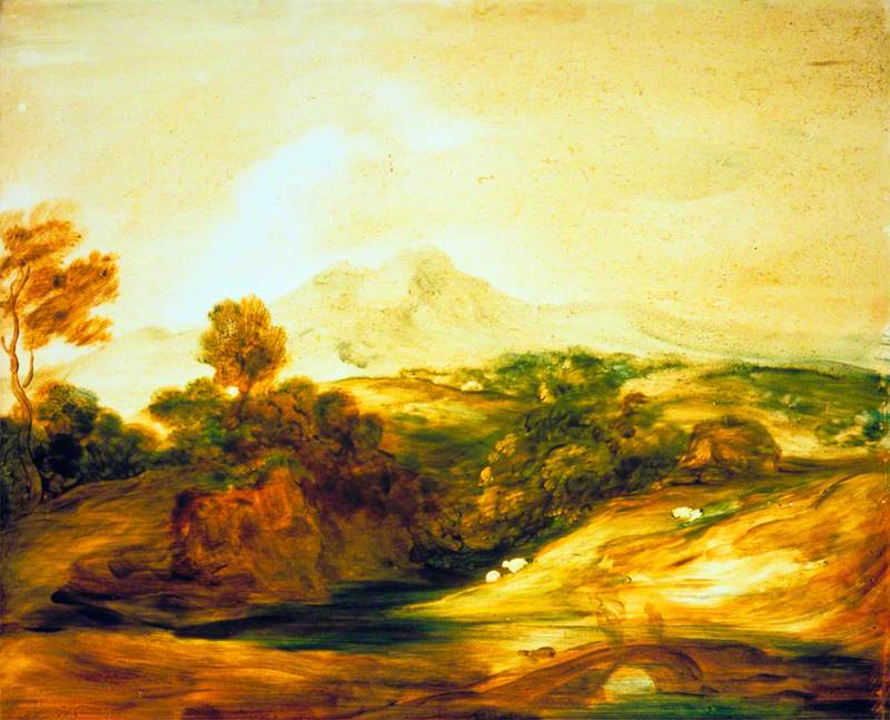 Paysage fluvial boisé avec personnages sur un pont, un chalet, des moutons et des montagnes lointaines - Thomas Gainsborough