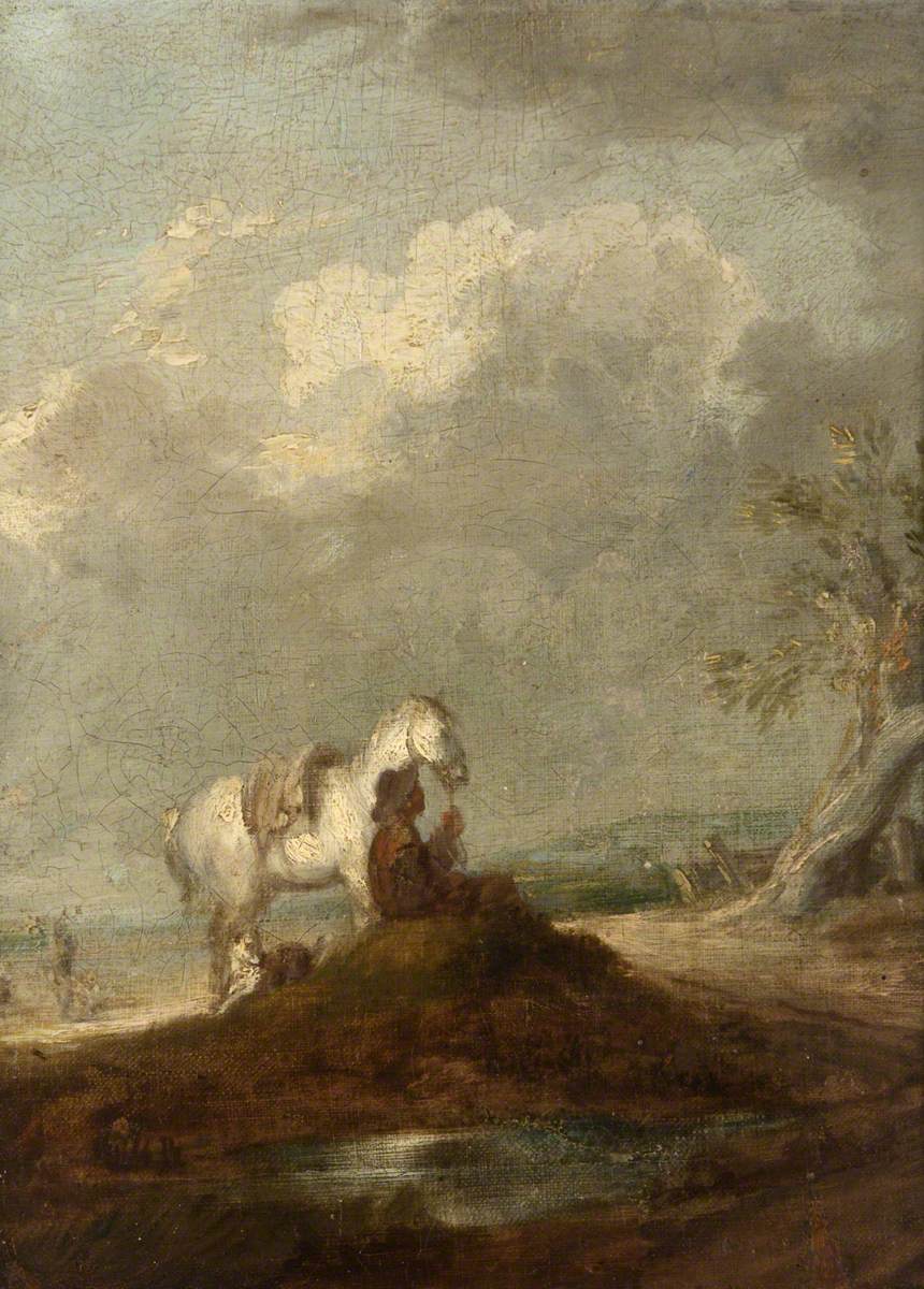 Un voyageur assis sur une route de campagne, tenant un cheval blanc - Thomas Gainsborough