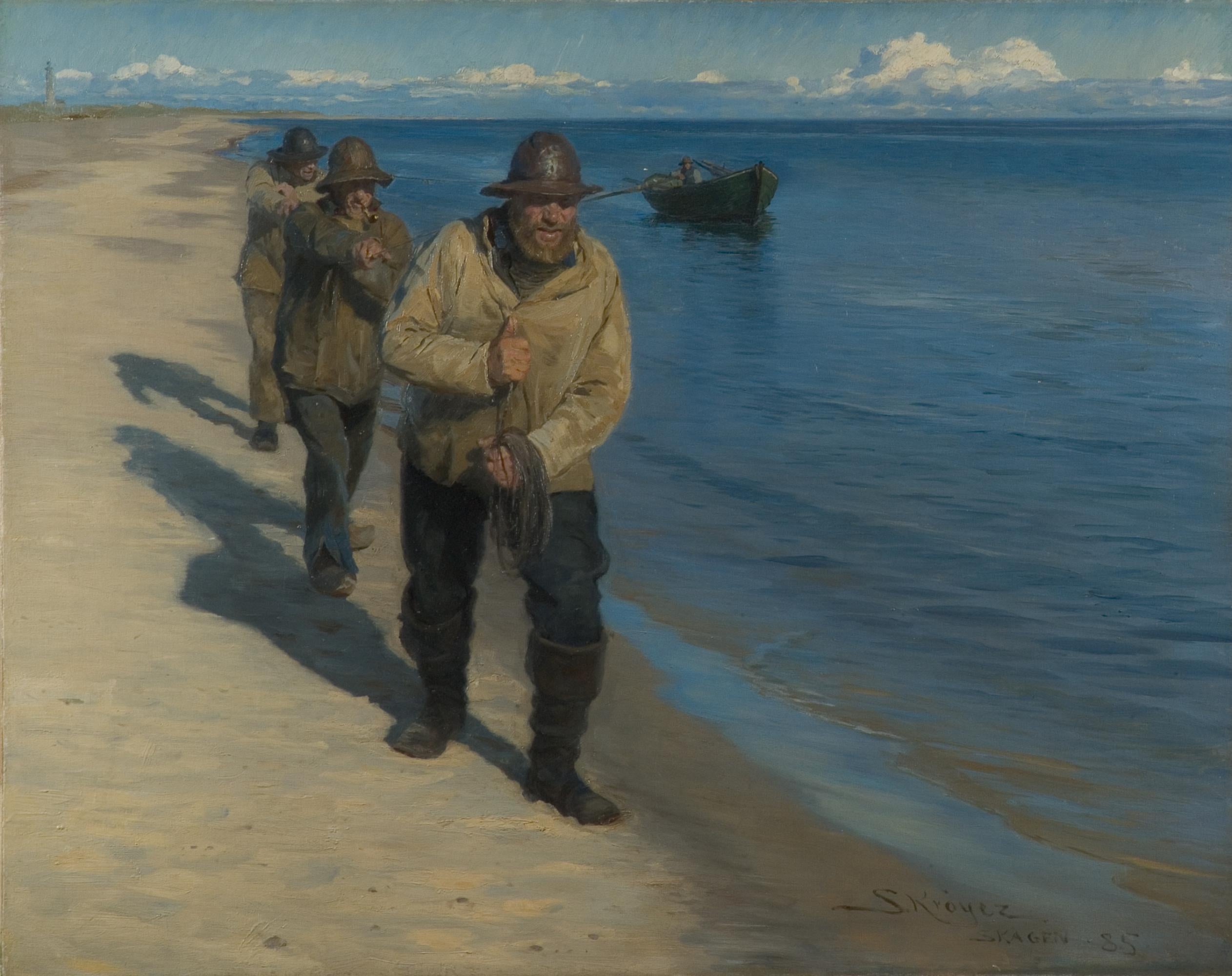 Trois pêcheurs tirant un bateau. - Peder Severin Krøyer