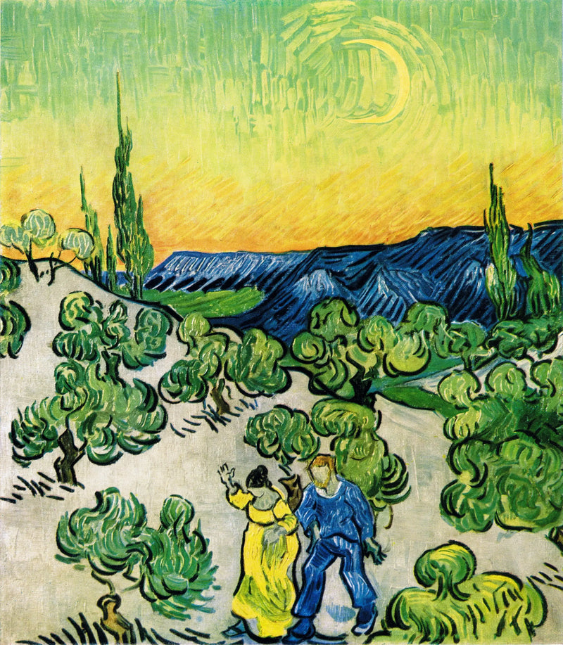 Landskab med et par der går og en halvmåne - Vincent van Gogh
