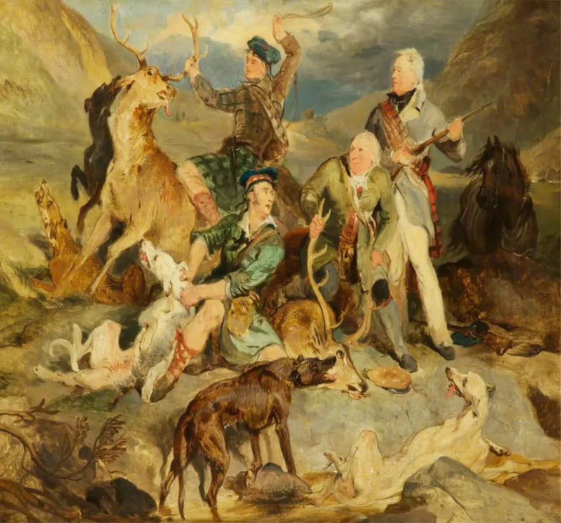 På jagt efter hjorten: Hertugen af Atholl med skovfolkene - Edwin Henry Landseer