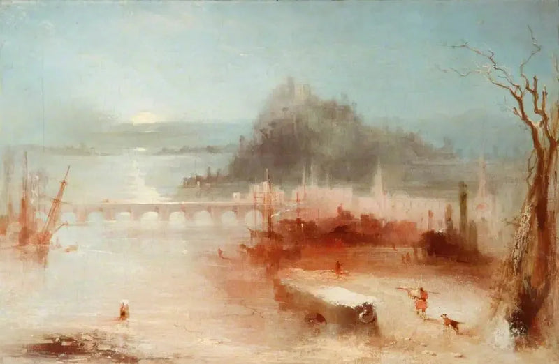 En by ved Rhinen med en bro og et slot på en højde – solopgang - J. M. W. Turner