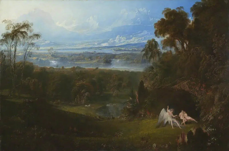 Adam og Eva underholder ærkeenglen Raphael - John Martin