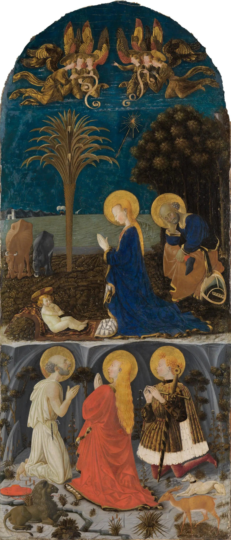 Tilbedelse af Barnet med de hellige Jerome, Maria Magdalena, Eustachius og Julien - Paolo Uccello