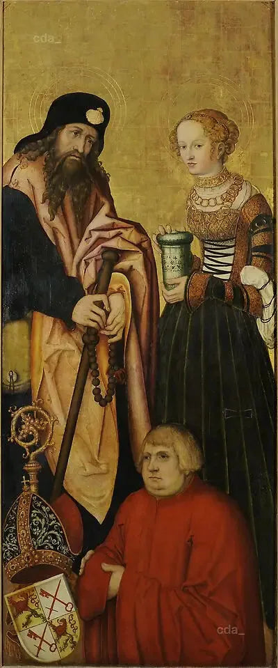 Vinger af det vestlige korretabel i Naumbourg-katedralen [højre vinge]: apostlen Jakob den Ældre og helgen Maria Magdalena med biskop Jean III af Schönberg (1492-1517) som donator [intérieur] - Lucas Cranach den Ældre