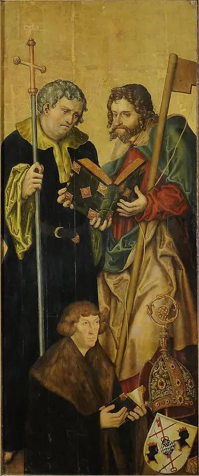 Ailes du retable du chœur ouest de la cathédrale de Naumbourg [aile gauche] : l'apôtre Philippe et Jacques le Jeune avec Philippe, comte palatin du Rhin (1480-1541), évêque de Freising (si - Lucas Cranach the Elder image 1 reproduction de peinture à l’huile