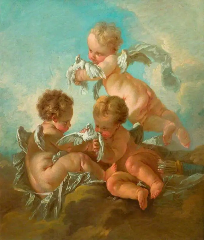 Luft : Tre putti med fugle - François Boucher
