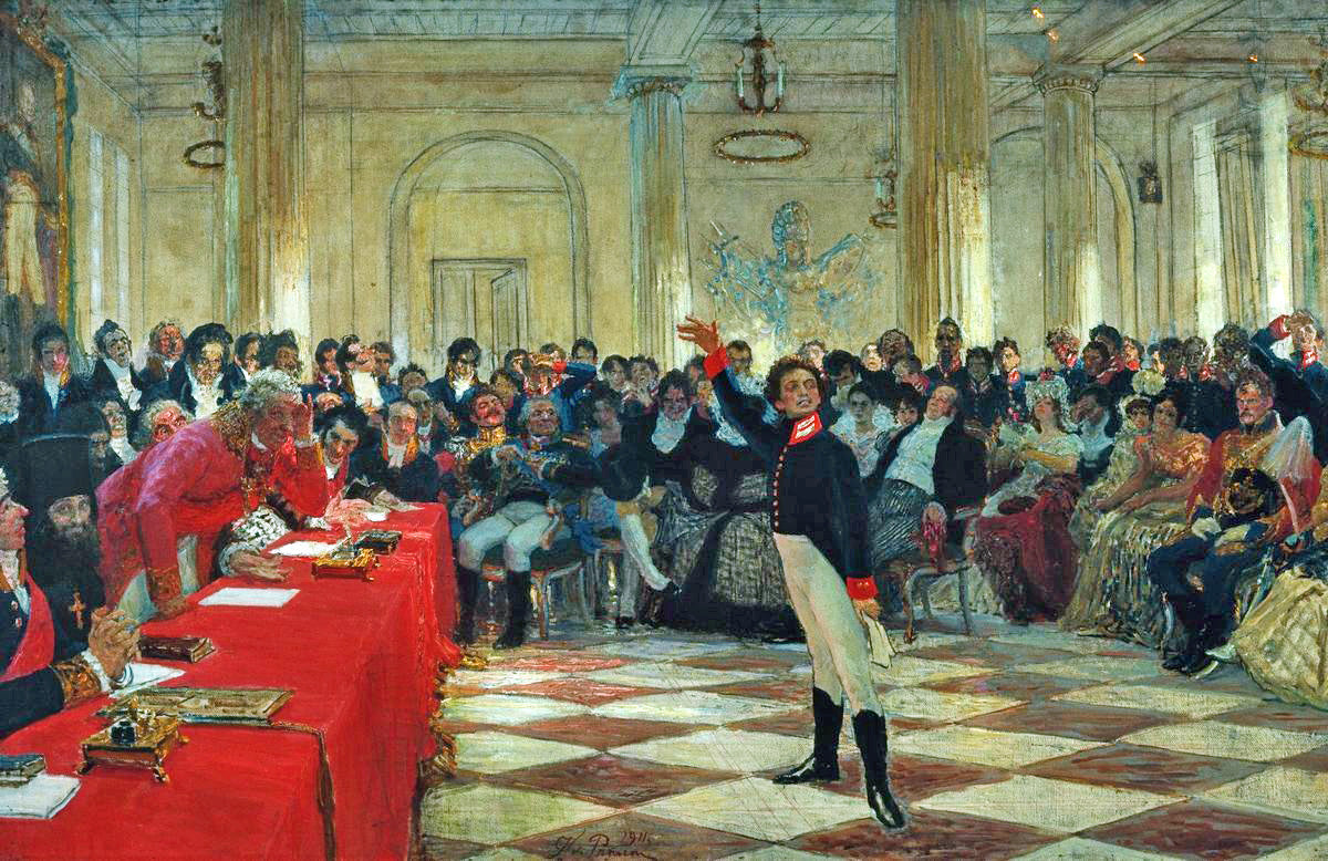Alexandre Sergueïevitch Pouchkine reciterer sit digt foran Gavrila Derjavin under eksamenen på Tsarskoïe Selo Gymnasium den 8. januar 1815. - Ilya Repin