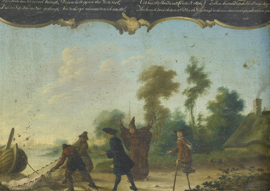 Allégorie de l'amour libre : un gentleman, un moine et un mendiant discutant avec deux pêcheurs qui ont attrapé une femme dans un filet - Joseph Pierre Vianey