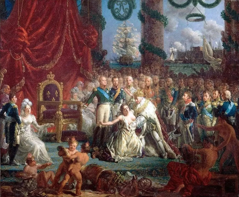 Allegori af Bourbonernes tilbagevenden den 24. april 1814: Ludvig XVIII genopbygger Frankrig fra dets ruiner. - Louis-Philippe Crépin