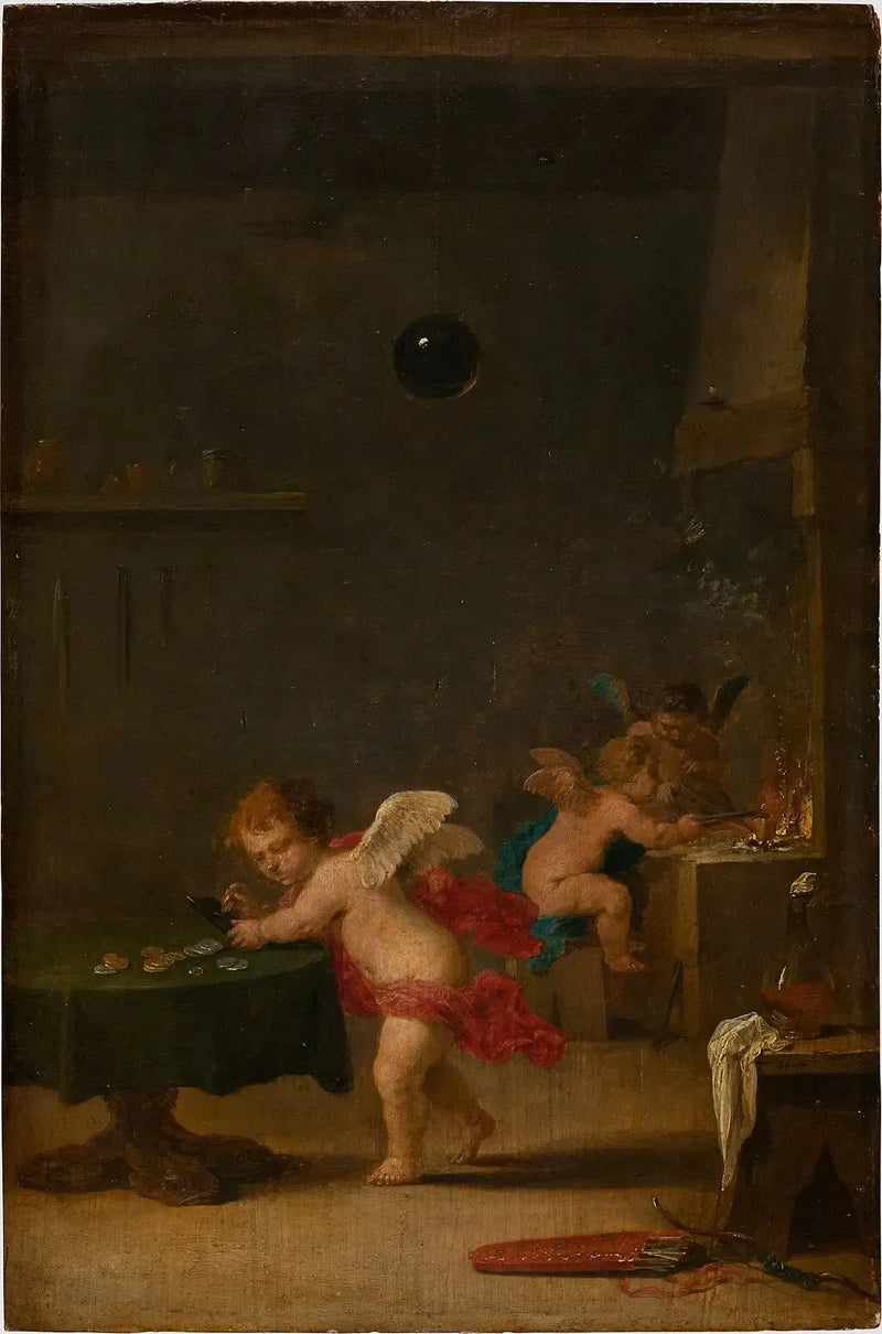 Amoretti i en alkymists værksted - David Teniers den Yngre