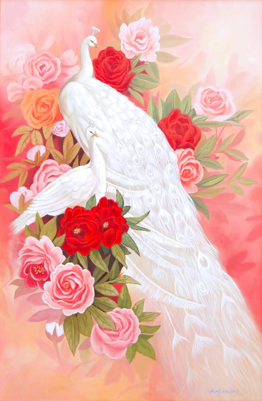 Kærlighed og hvid påfugl | 60 x 90 cm