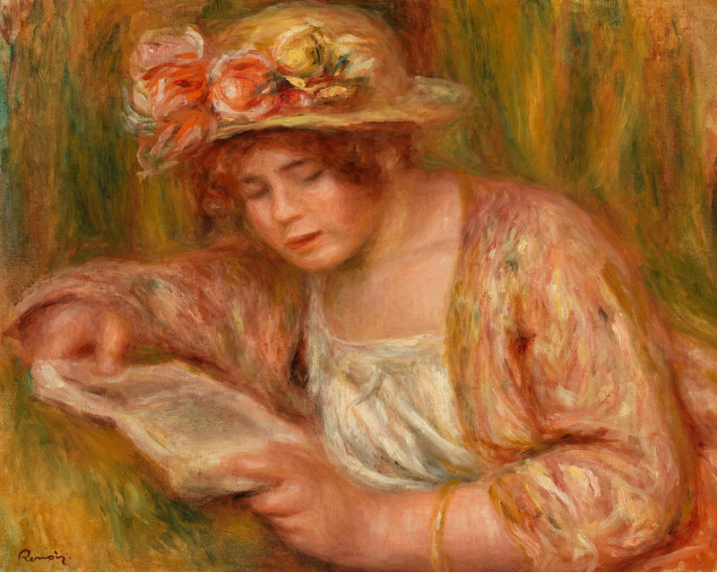 Andrée i hat, læser (Andrée in a Hat, Reading) - Pierre-Auguste Renoir